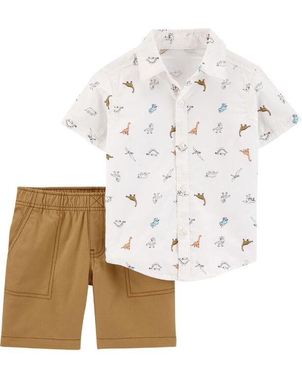 Carter's 2-Piece Dinosaur Button-Front Shirt & Canvas Short Set - White/Khaki, 9 Months