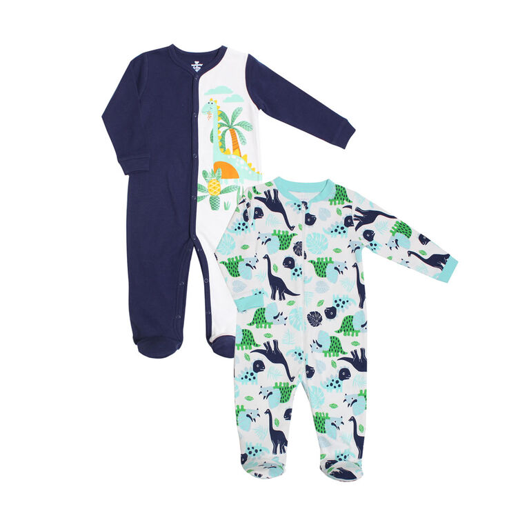 Koala Baby Boys 2-Pack Sleeper- 'Dinosaur' Blue, White Newborn