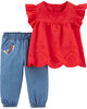 Carter's 2-Piece Flutter Sleeve Top & Chambray Pant Set - Red/Blue, 24 Months