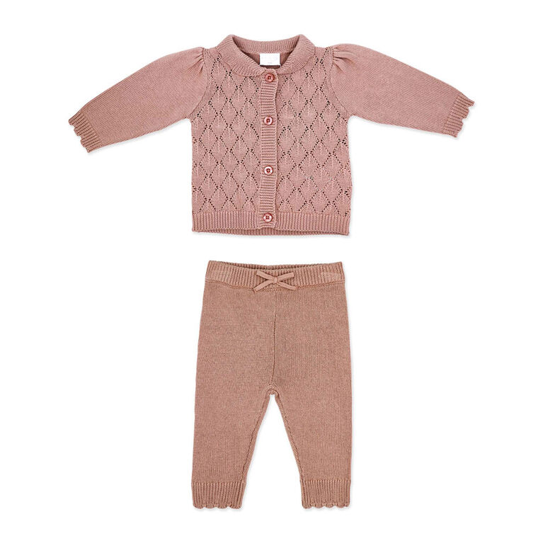 Rock a Bye Baby Pink Knit Cardigan with Frill Collar & Trouser 6-12M
