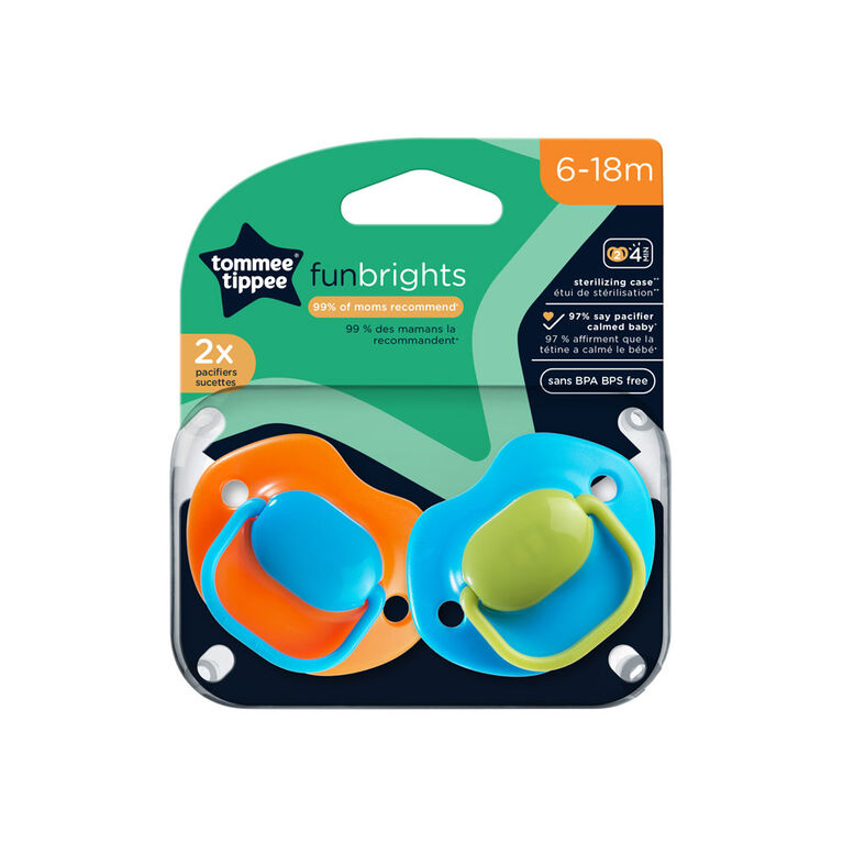 Sucettes de la gamme FunBrights de Tommee Tippee, avec boîte de stérilisation (6-18m, 2 pièces)