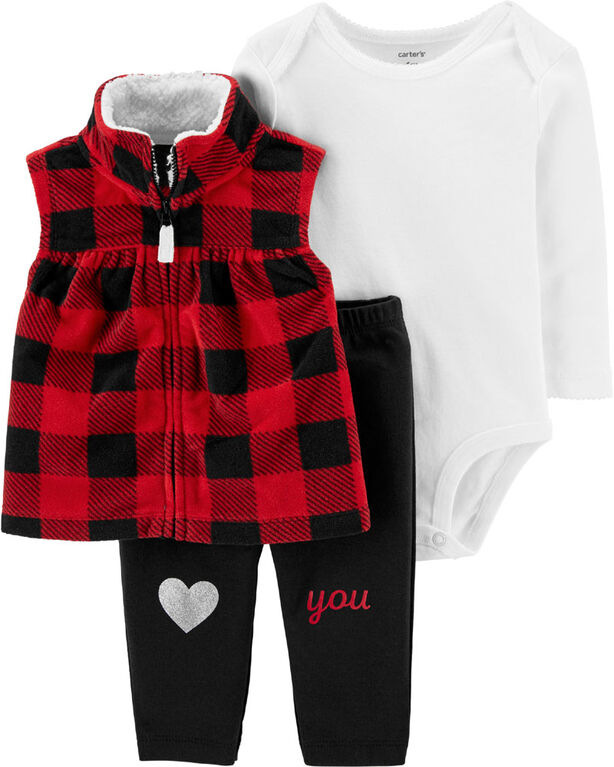 Ensemble 3 pièces gilet à motif buffalo, rouge, 3 mois