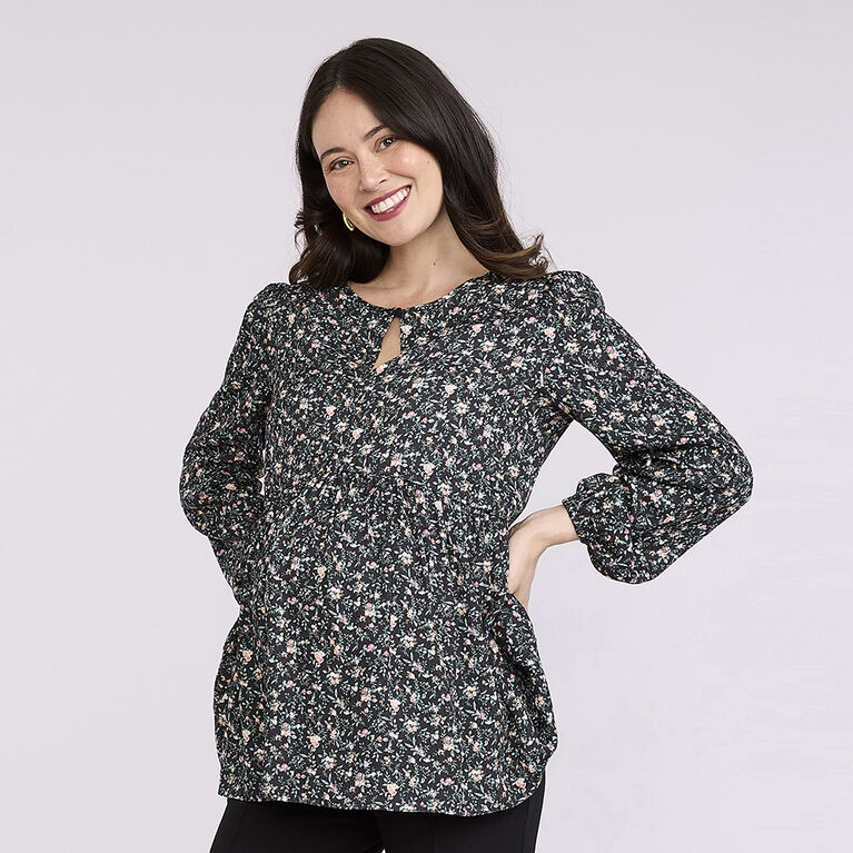 Motherhood - Long Sleeve Keyhole Blouse - Black print - S