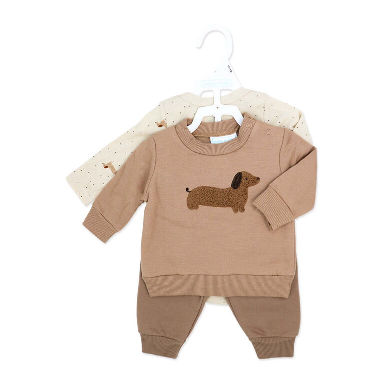 Baby Mode 3 Piece Fleece Jogger Set:Brown Dog 3M