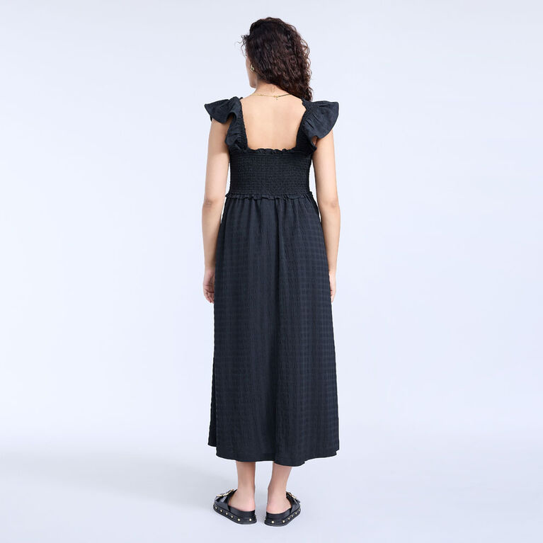 Motherhood Robe Midi Smockée À Manches À Volants-Noire-G