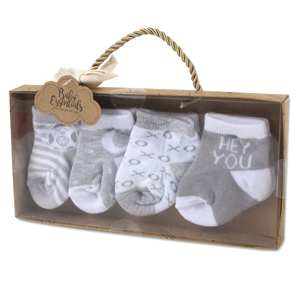 Baby Essentials 4 Pack Socks Grey Neutral 6 9 Months