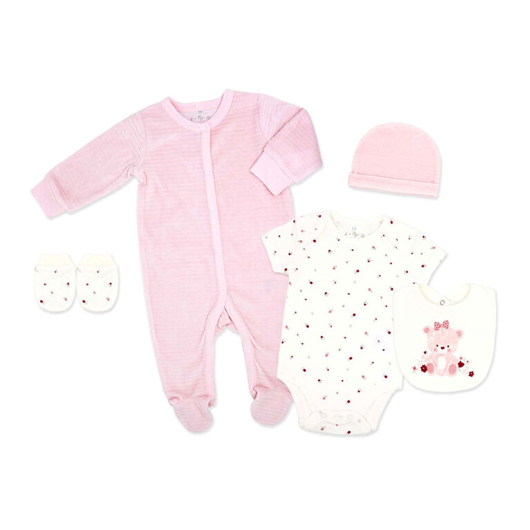 Rock a Bye Baby  Girl's 5 Piece Ribbed Velour Set: Pink Bear 3-6M