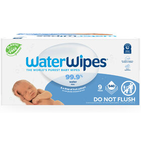 WaterWipes Plastic-Free Original Baby Wipes, 99.9% Water Based Wipes, Unscented, Fragrance-Free & Hypoallergenic for Sensitive Skin, 540 Count (9 packs), Packaging May Vary