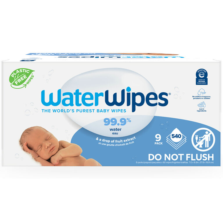 WaterWipes Plastic-Free Original Baby Wipes, 99.9% Water Based Wipes, Unscented, Fragrance-Free & Hypoallergenic for Sensitive Skin, 540 Count (9 packs), Packaging May Vary