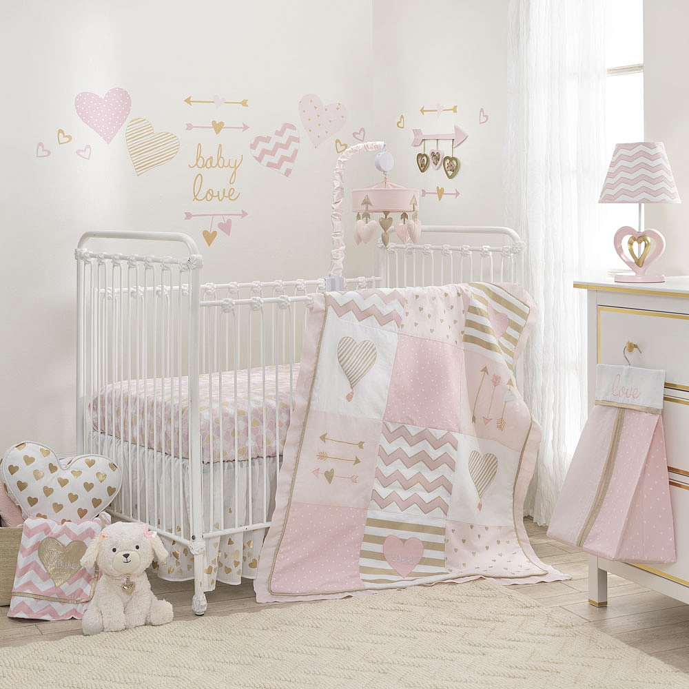 Lambs Ivy Baby Love Heart 3 Piece Crib Bedding Set Pink Gold