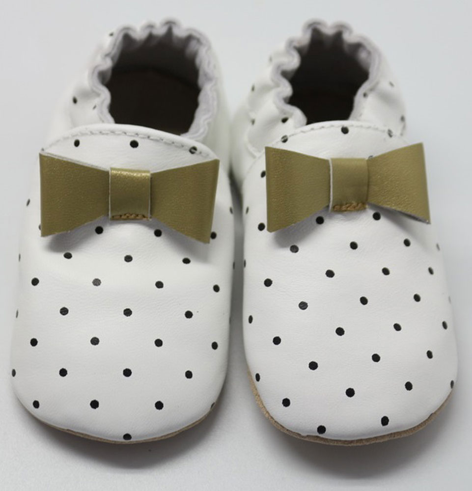 Tickletoes White with Dots &amp; Gold Bow 100 Soft Leather